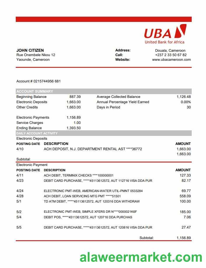 Cameroon UBA bank statement easy to fill template in Excel and PDF format